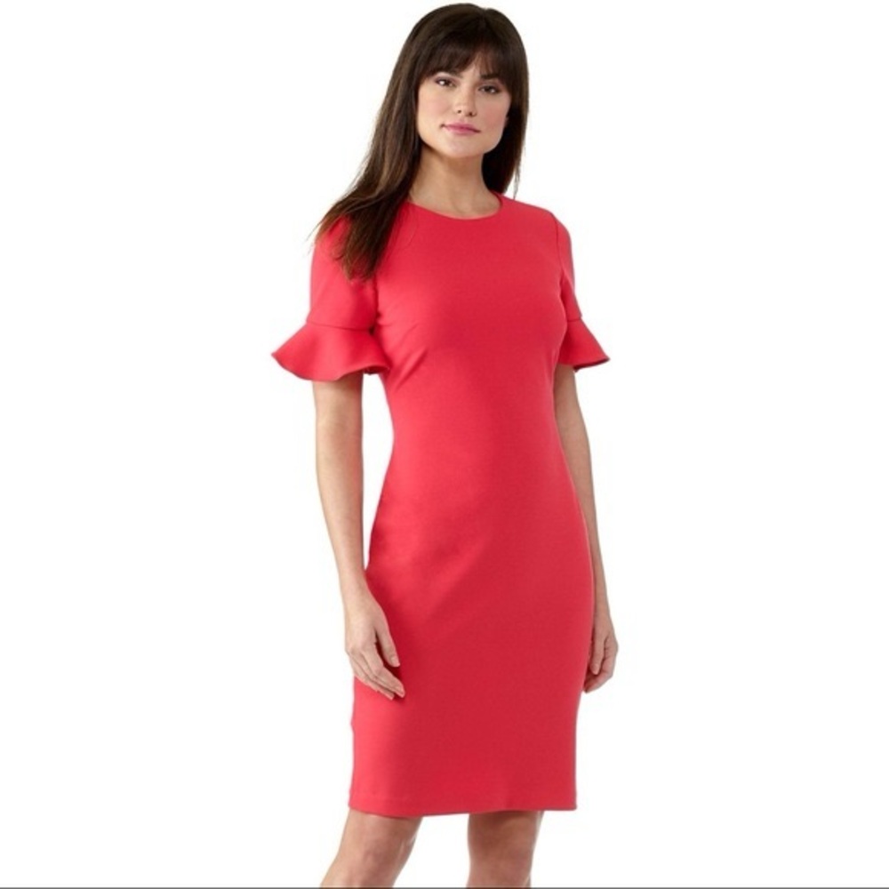 Calvin Klein Cayenne Pepper Red Midi Dress with Ruffle Sleeves Interview Office